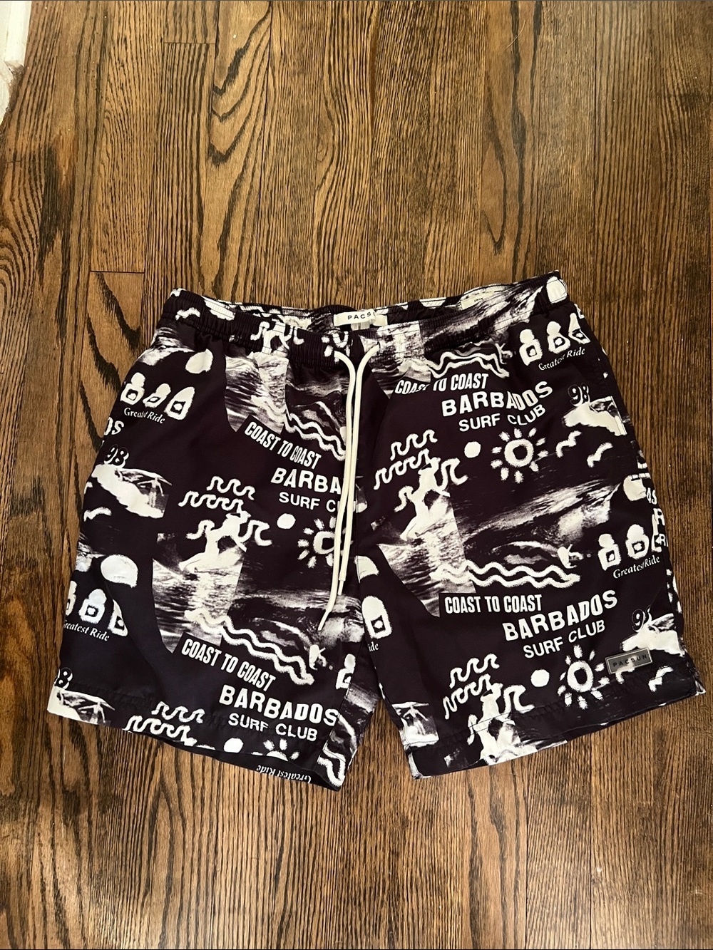 PacSun Black and White Barbados Surf Club Swim Shorts